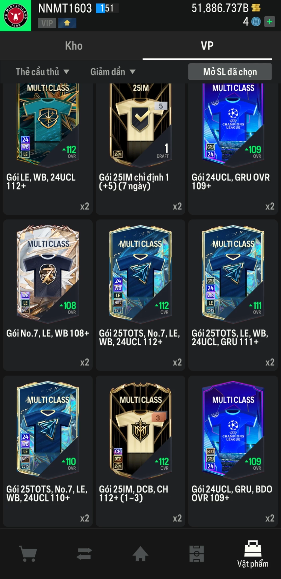 Ảnh ACC mở thẻ (LOẠI SVIP PROMAX) bao gồm có thẻ +12, Thẻ PRIME(QH+, CP+, XS+) và hơn 1500+ đến 1700+ thẻ cầu thủ từ Siêu sao đến Miền núi các loại. Acc có sẵn BP trắng từ 50.000 tỷ BP đến 62.000 tỷ BP